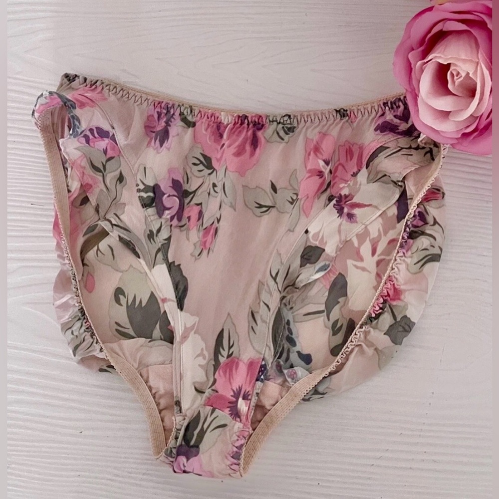 Vintage Gold Crown Tag  Victoria's Secret Blush Pink Silk Floral Lingerie Panty